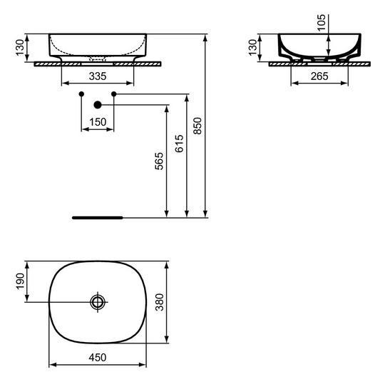 Ideal-Standard Waschtisch Linda-X ohne Hahnloch/Überlauf, 45x38x13cm, seidenweiß