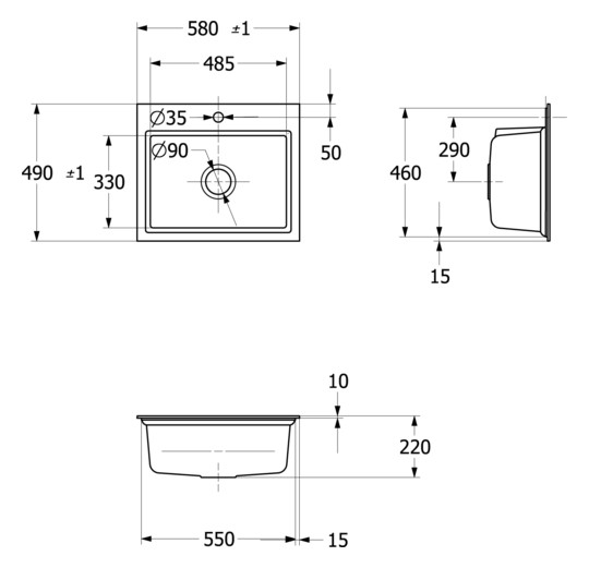 V&B Flächenbündige Spüle Subway Style 60 S Flat rechts, mit Ablaufgarnitur, Handbetätigung, stone white