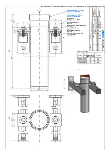 LORO X Fallrohrstütze DN 70, 320 mm, mit Befestigungskonsole, Schallentkopplung