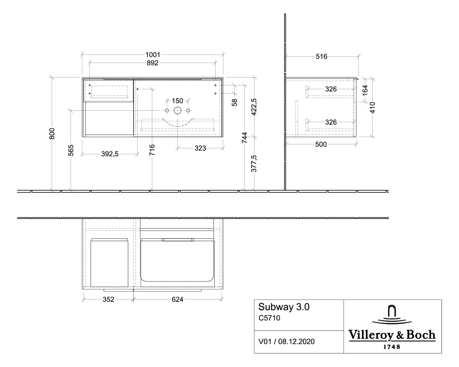 V&B Waschtisch-Unterschrank Becken rechts Subway 3.0 100,1x42,25x51,6cm, ohne LED/Griff Aluminium glänzend, cashmere grey