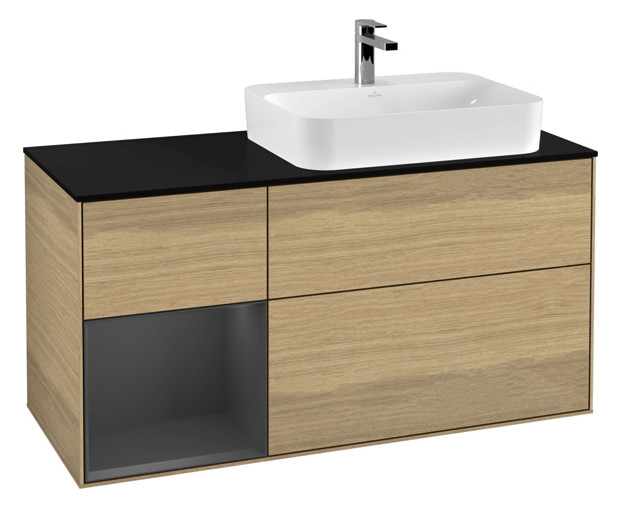 V&B Waschtisch-Unterschrank Finion 120cm, Abdeckplatte black matt, Regal links Anthracite matt, Oak Veneer