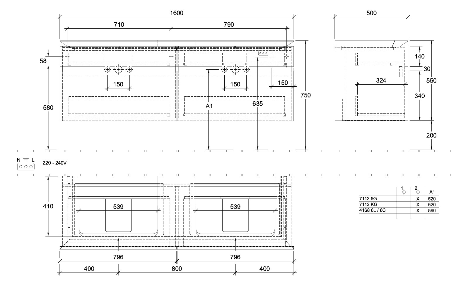 V&B Waschtischunterschrank Legato 160x55x50cm, für 2 Waschtische, Kansas Oak