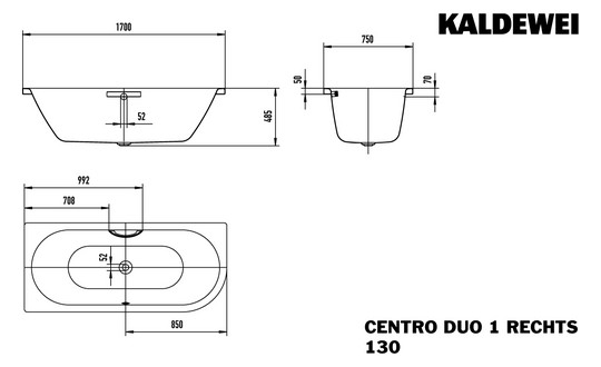 Kaldewei Badewanne CENTRO DUO 1 rechts 130 170x75cm, Griffloch, Vollantislip, pergamon