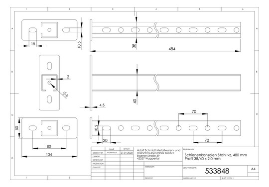 ASW Schienenkonsole 480 mm, Profil 38/40 x 2.0 mm, Stahl verzinkt