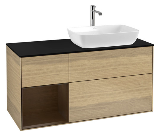V&B Waschtisch-Unterschrank Finion 120cm, Abdeckplatte black matt, Regal Walnut Veneer, Oak Veneer