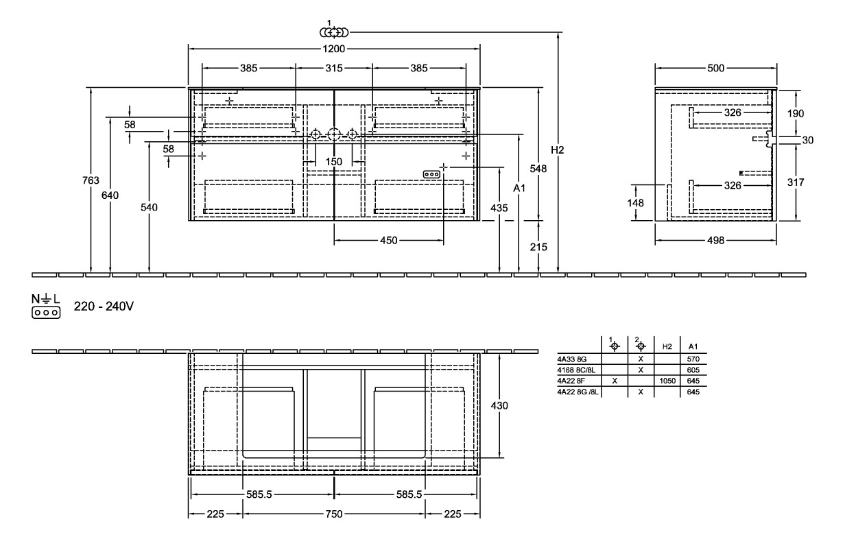 V&B Waschtischunterschrank Collaro 120x54,8x50cm, Waschtisch mittig, LED-Beleuchtung 8,8 W, soft grey