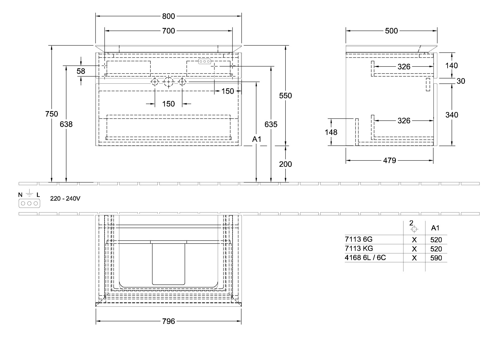 V&B Waschtischunterschrank Legato 80x55x50cm, Waschtisch mittig, mit LED-Beleuchtung, Kansas Oak