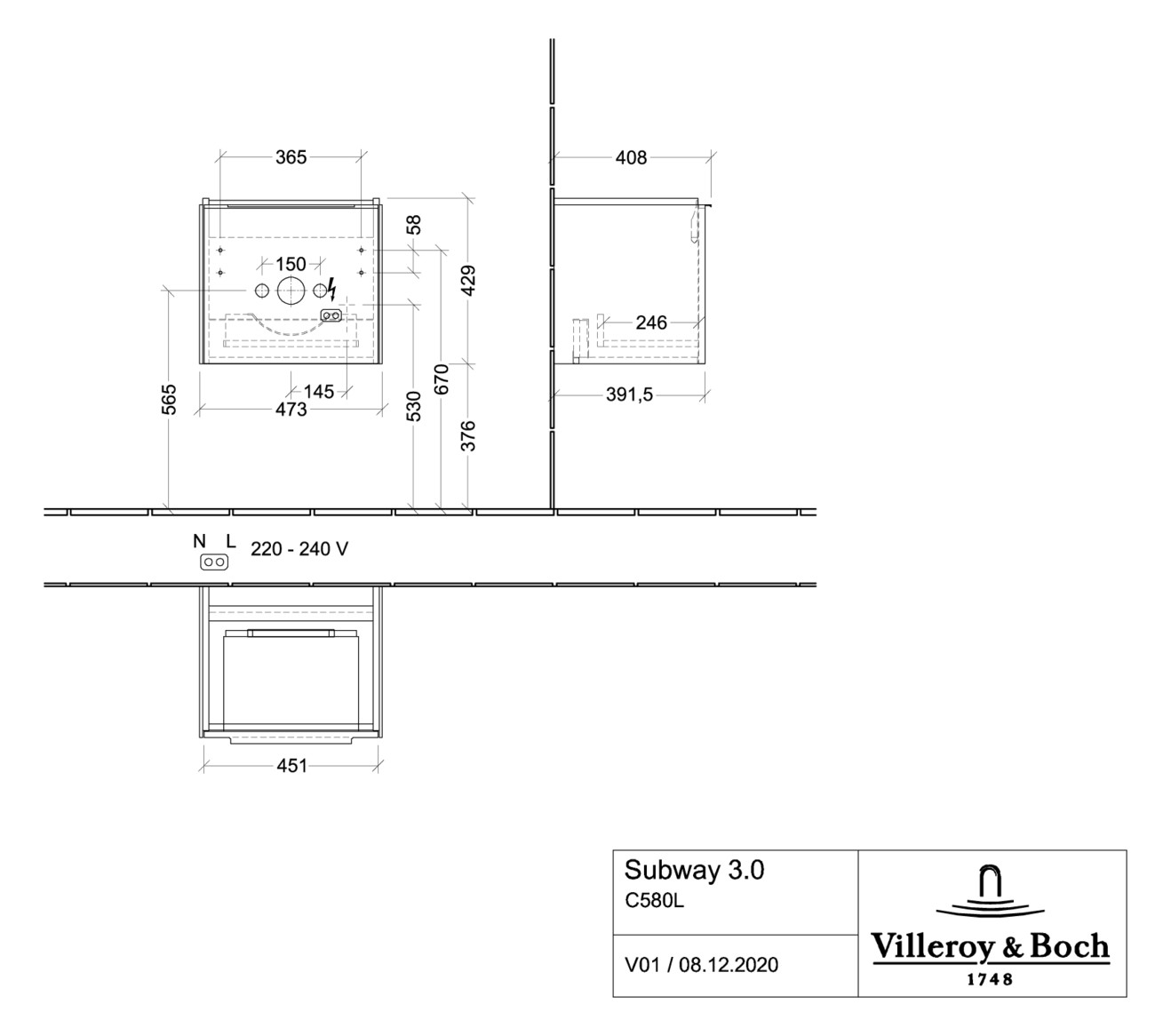 V&B Waschtisch-Unterschrank Subway 3.0 47,3x42,9x40,8cm, mit LED/Griff monochrom, taupe