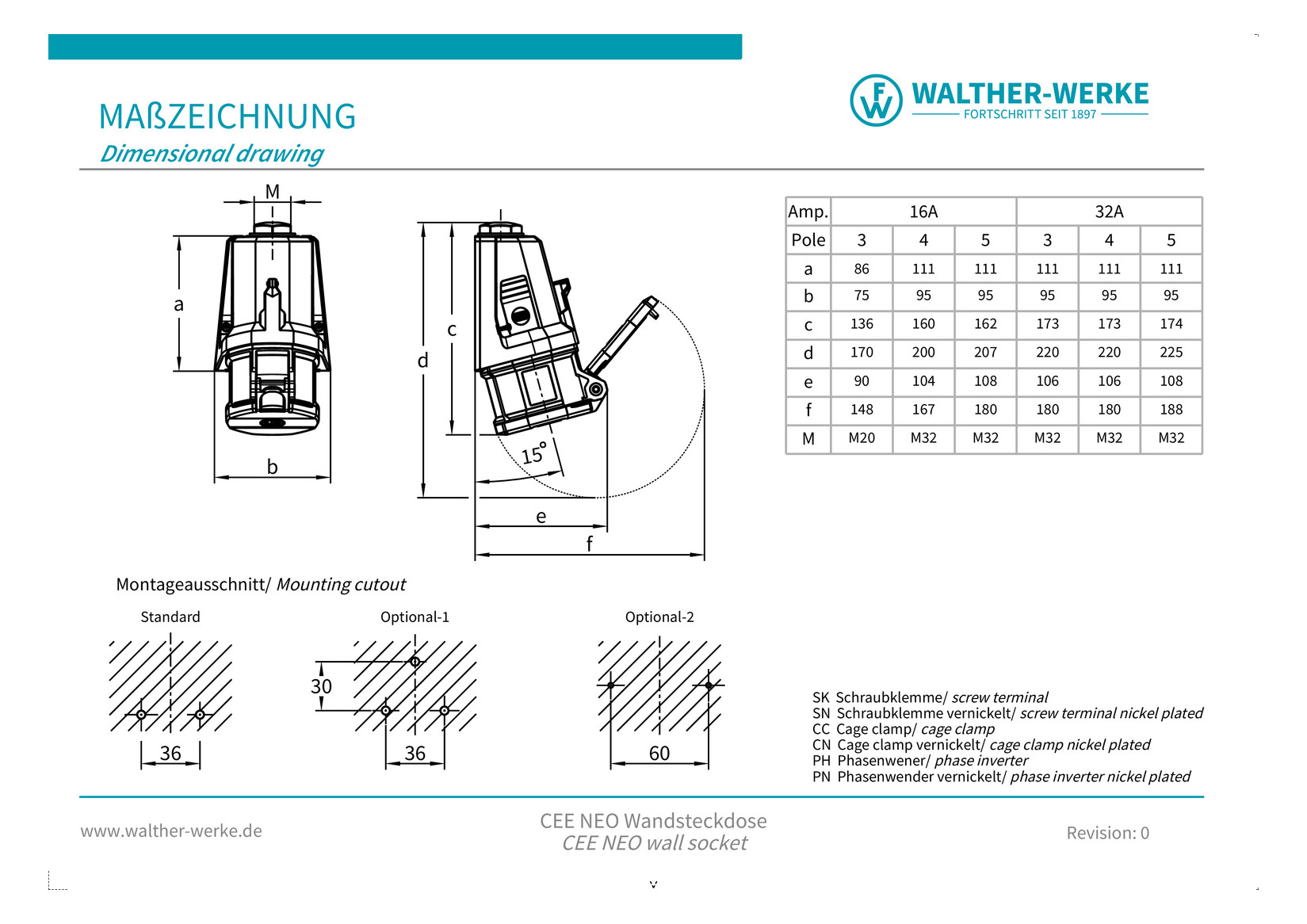 CEE-Steckdose 5p 16A 6h 400V/rt IP54 AP schraubl.Kl Kst