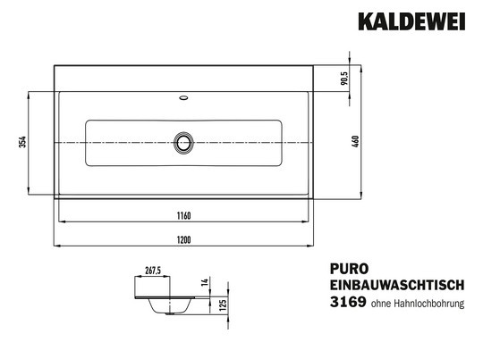 Kaldewei Einbauwaschtisch PURO 3169 120x46x1,4cm, mit Überlauf, ohne Hahnloch, warm grey 10 Perl-Effekt
