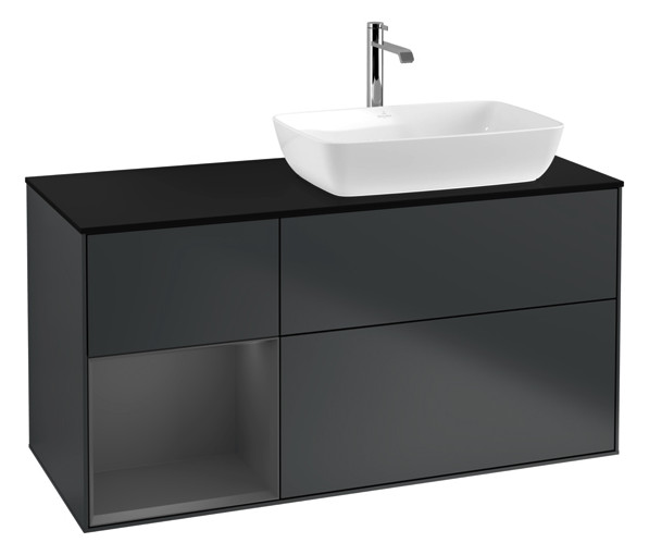 V&B Waschtisch-Unterschrank Finion 120cm, Abdeckplatte black matt, Regal Anthracite matt lacquer, Midnight Blue Matt Lacquer