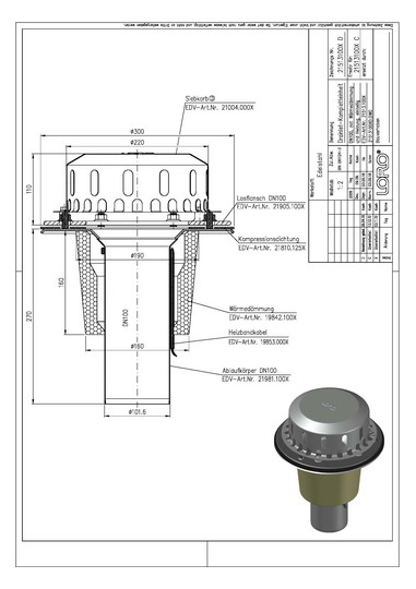 LORO DRAINLET Komplett-Flachdachablauf Serie 84 DN 100, Wärmedämmung und Heizung, Klemmflansch, Auslauf senkrecht, einteilig, Hauptentwässerung