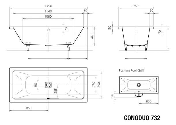 Kaldewei Badewanne CONODUO 732 170x75cm, Griffloch, weiß