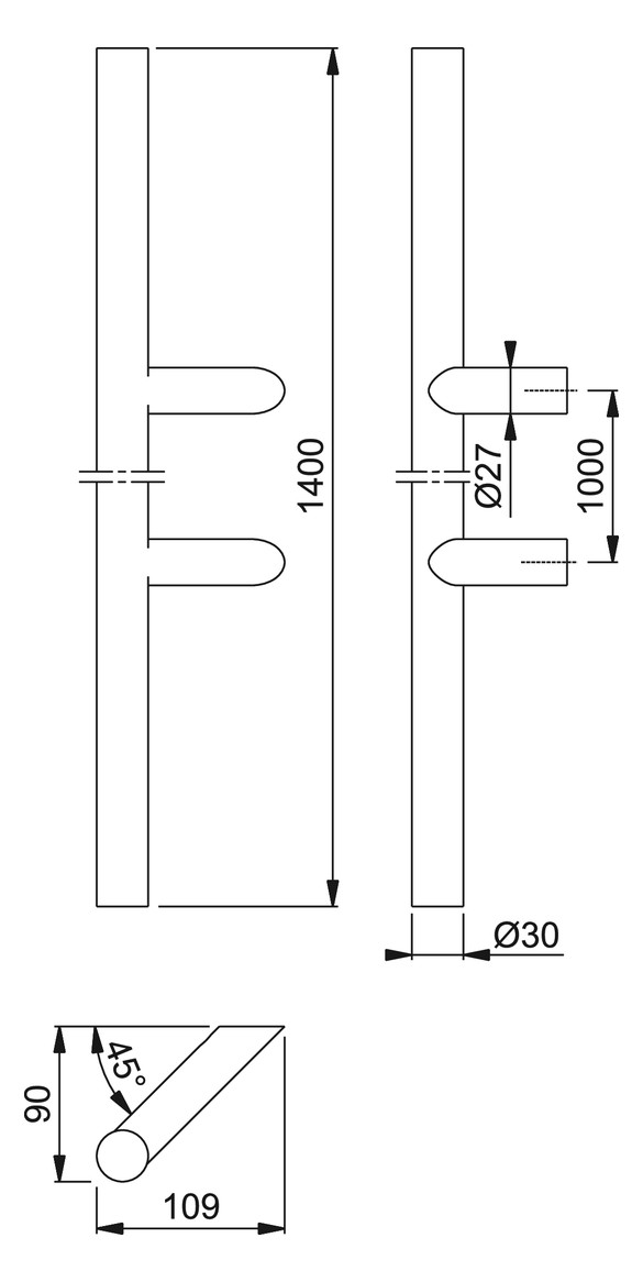Bild HOPPE Stoßgriff E5012, BA 1.000mm, Breite 109mm, L 1.400mm, Durchmesser 30mm, verdeckt verschraubt, schwarz matt-1