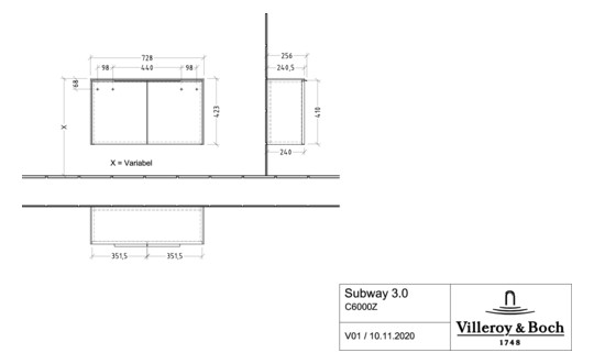 V&B Sideboard Subway 3.0 72,8x42,3x25,6cm, Griff Aluminium glänzend, stone oak