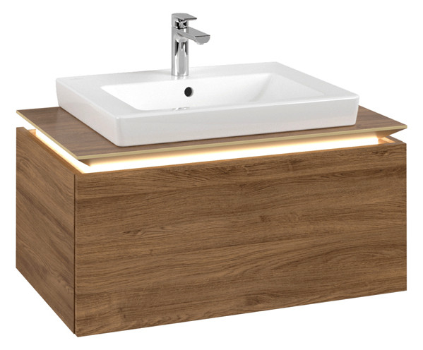 V&B Waschtischunterschrank Legato 80x38x50cm, Waschtisch mittig, mit LED-Beleuchtung, Kansas Oak