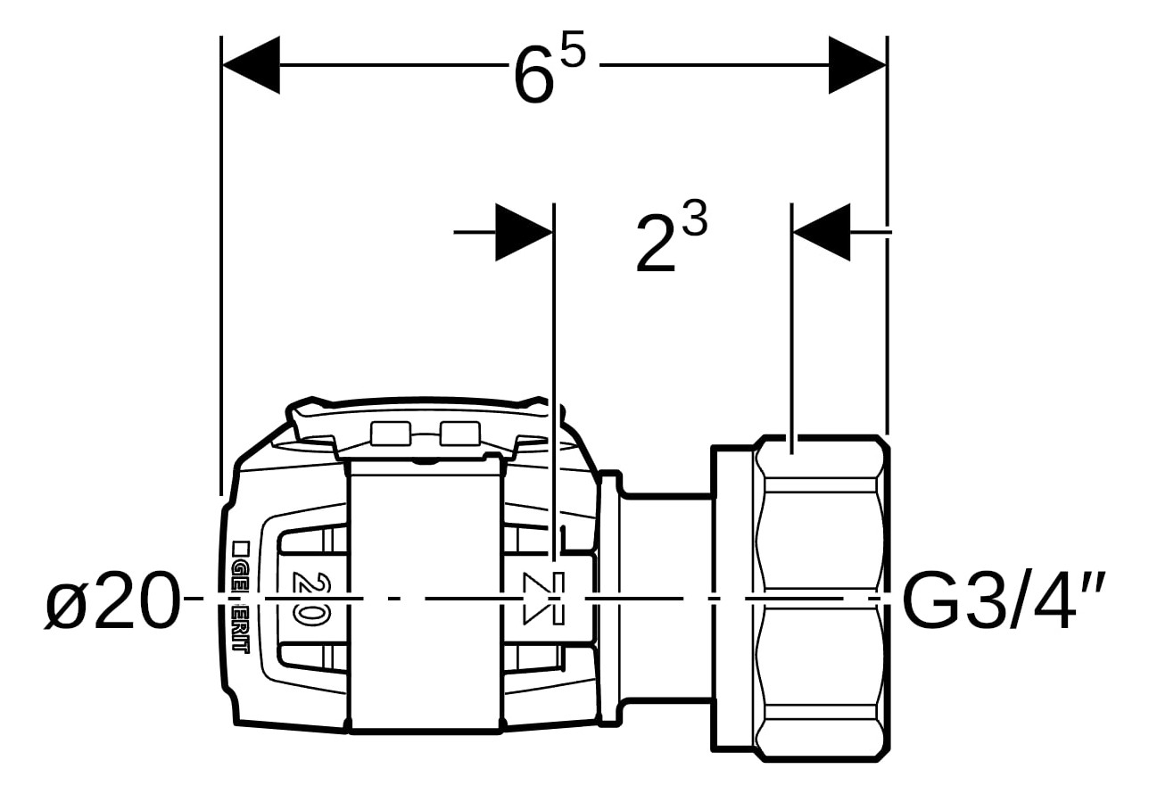 Geberit Anschluss FlowFit Ø 20 mm x G 3/4, 65 mm, für Eurokonus, mit Überwurfmutter