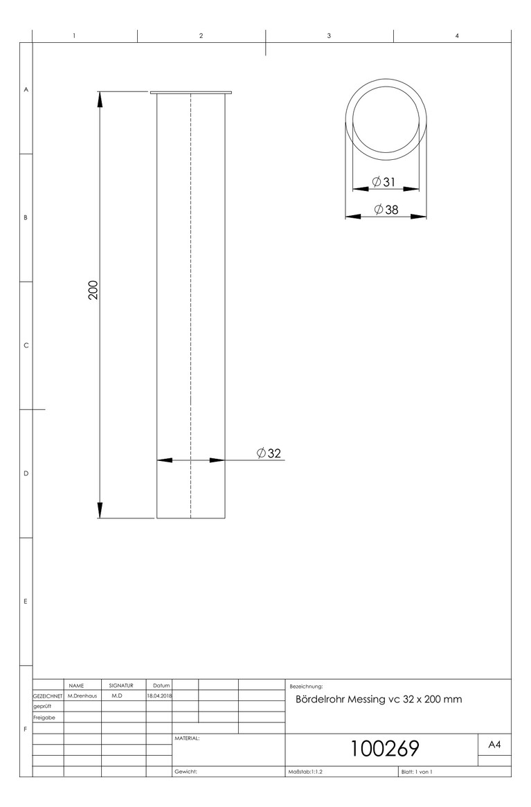 ASW Bördelrohr verchromt, 32 x 200 mm, Messing ASW Bördelrohr verchromt, 32 x 200 mm, Messing