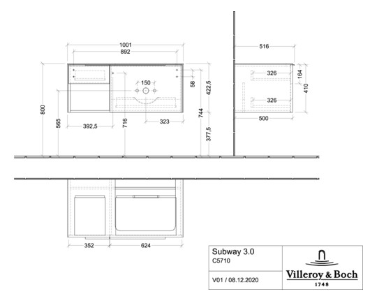 V&B Waschtisch-Unterschrank Becken rechts Subway 3.0 100,1x42,25x51,6cm, ohne LED/Griff Aluminium glänzend, cashmere grey