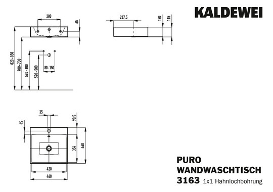 Kaldewei Wand-Waschtisch PURO 3163, 46 x 46 cm, manhattan Perl-Effekt, mit Überlauf, mit Hahnloch