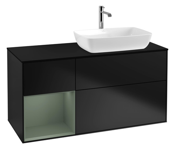 V&B Waschtisch-Unterschrank Finion 120cm, Abdeckplatte black matt, Regal Olive matt lacquer, Black matt lacquer