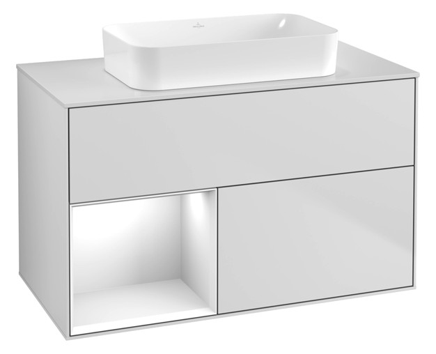 V&B Waschtisch-Unterschrank Finion 100x60,3x50,1cm, Regal links Glossy white lacquer, White matt lacquer