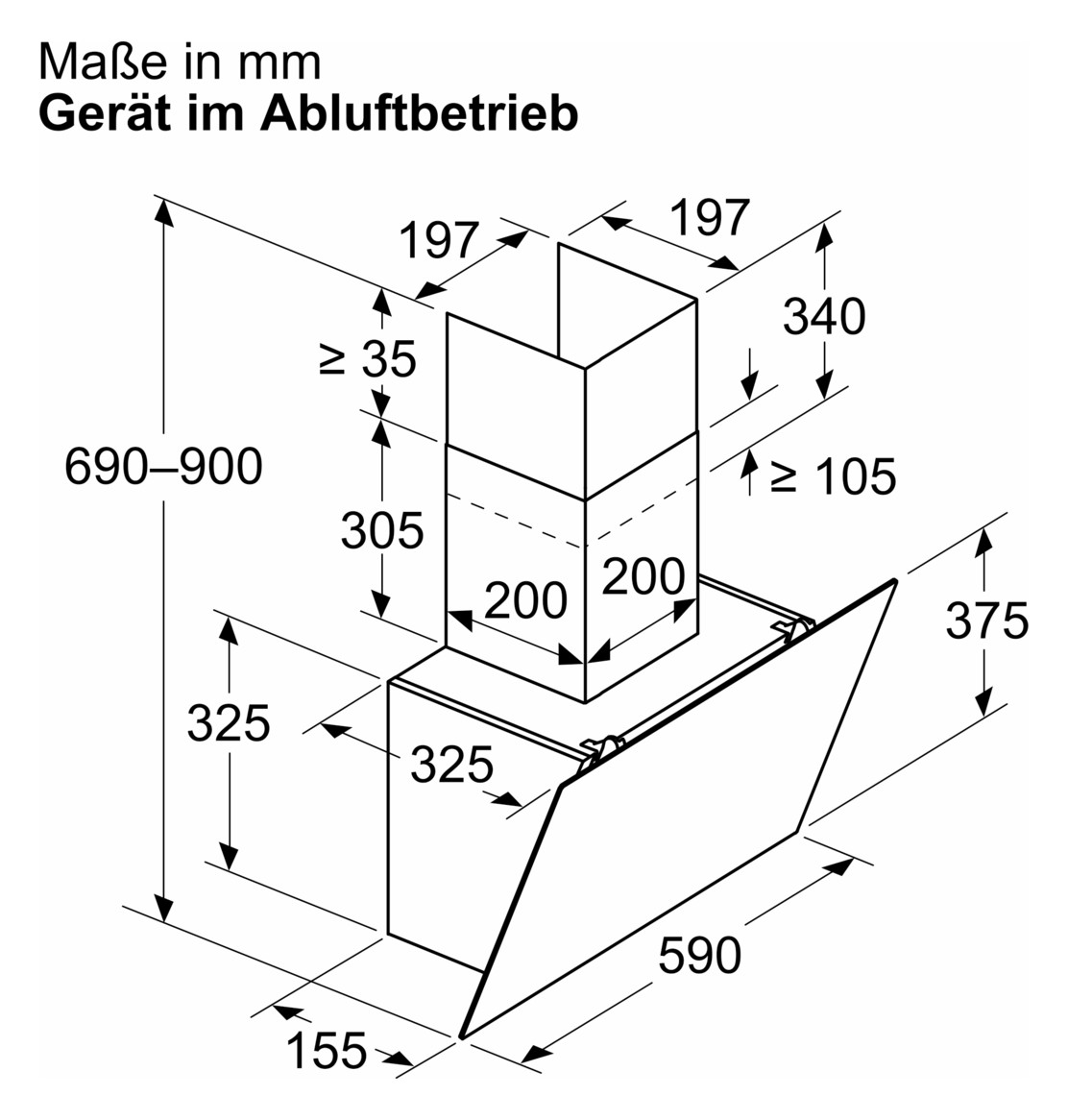 Wandesse 590mm sw A 60dB 430cbm/h Ø150mm LED 3st Uml T325mm