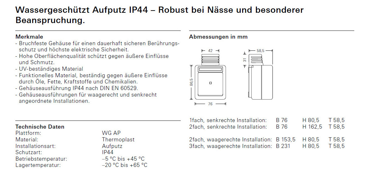 Gehäuse AP 1f Kst lgr WG AP mt Geh-UT IP44 Gehäuse AP 1f Kst lgr WG AP mt Geh-UT IP44