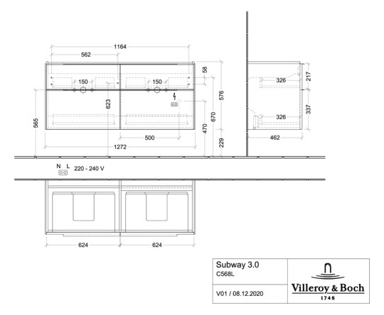 V&B Waschtisch-Unterschrank Subway 3.0 127,2x56,6x47,8cm, mit LED/Griff Aluminium glänzend, stone oak