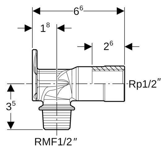 Geberit Anschlusswinkel Rp 1/2 x R MF 1/2 x 6,6 cm, 90Grad, Rotguss