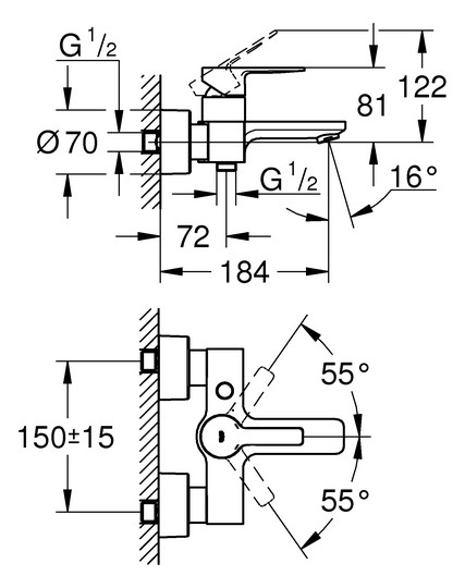 GROHE Wannen-Einhebelmischer Lineare 1/2", Wandmontage, supersteel