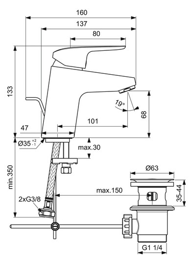 Ideal-Standard Waschtisch-Einhebelmischer CeraFlex mit Kunststoff-Ablaufgarnitur, Ausladung 101mm, chrom