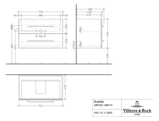 V&B Waschtisch-Unterschrank Avento 78x51,4x48,4cm, 2 Auszüge, wandhängend, Griff Chrome Glanz, Kansas Oak