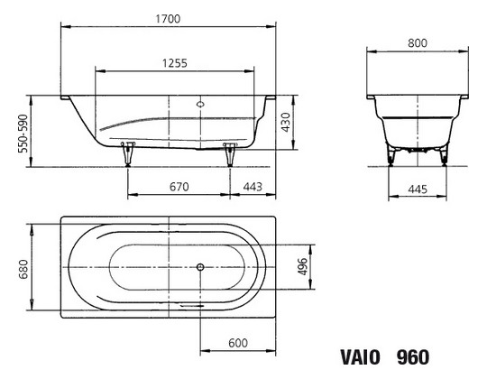 Kaldewei Badewanne VAIO 960 170x80cm, Griffloch, SÜL, Vollantislip, weiß