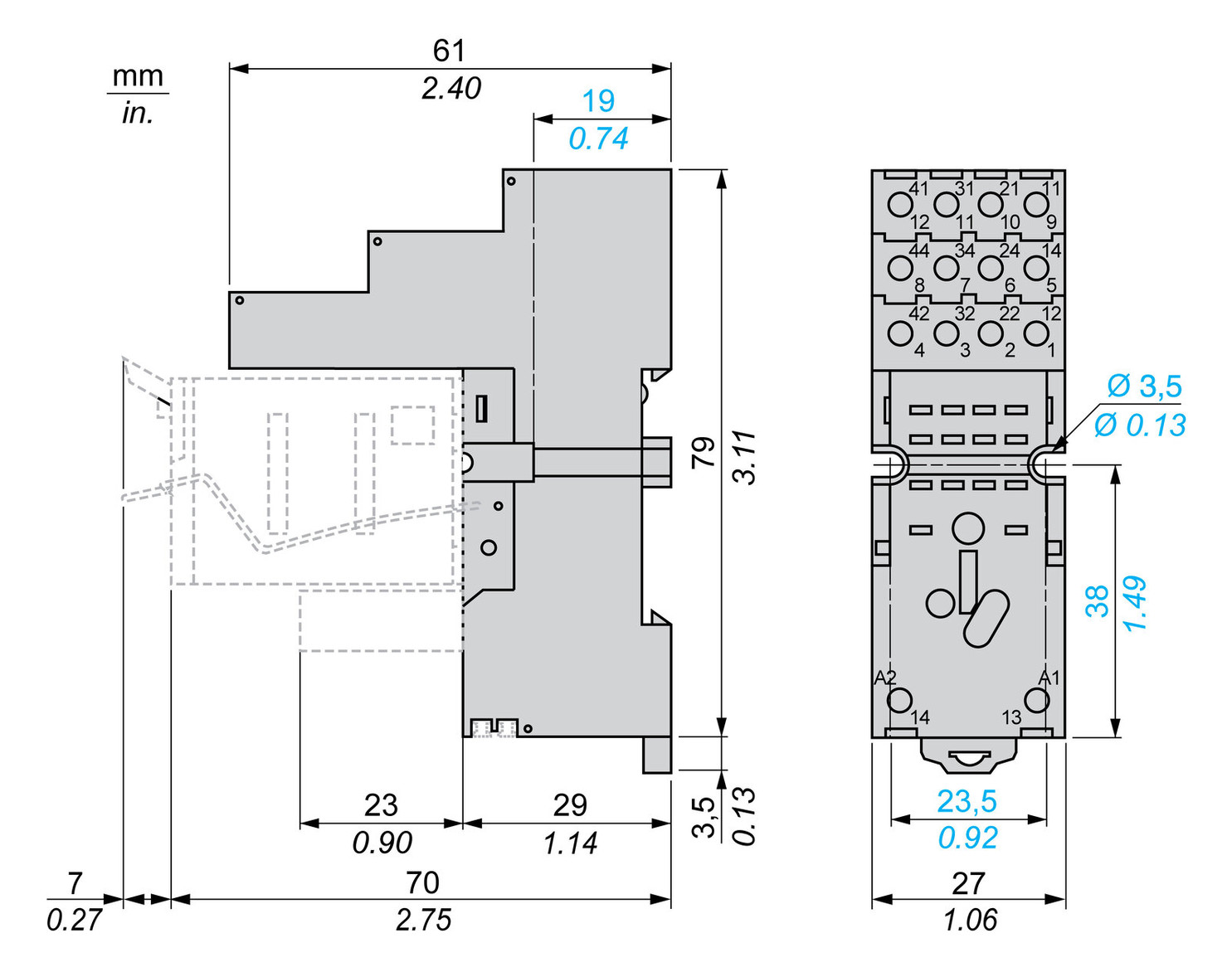 Relaissockel Steckanschl TS35 14Pins 27x79x61mm Hutschiene TH35