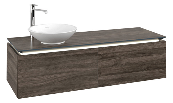 V&B Waschtischunterschrank Legato 140x38x50cm, Waschtisch links, mit LED-Beleuchtung, Stone Oak