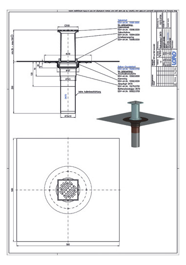 LORO X Komplett-Balkonablauf Serie F DN 70, Auslauf senkrecht, Anschlussmanschette, ohne Wärmedämmung, einteilig