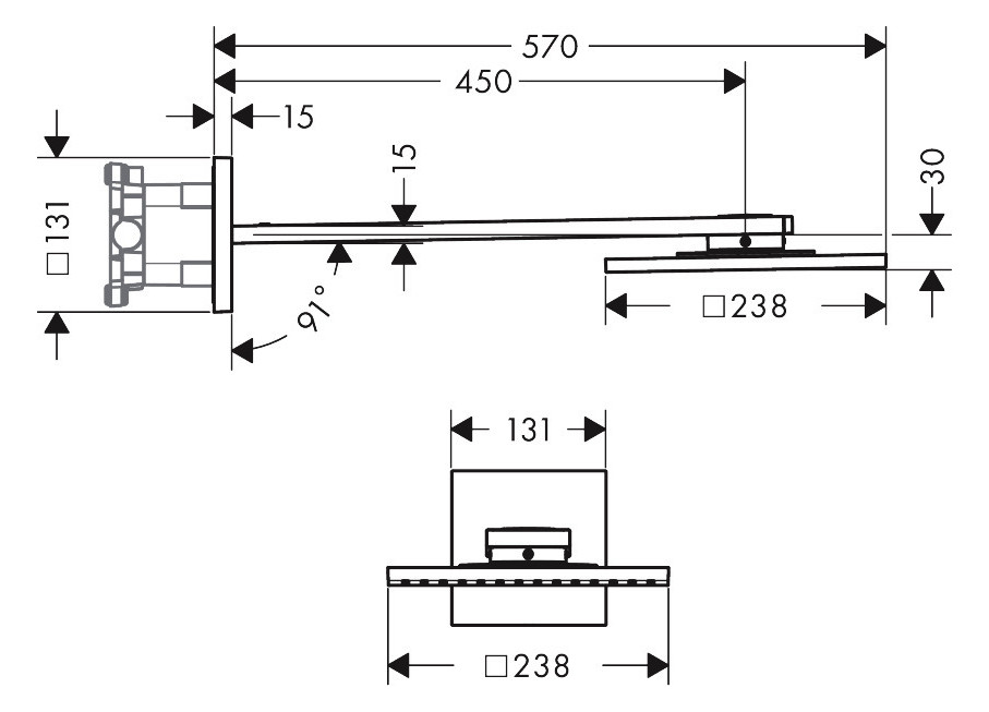 hansgrohe Kopfbrause Axor mit Brausearm, 250x250mm, 2jet, chrom