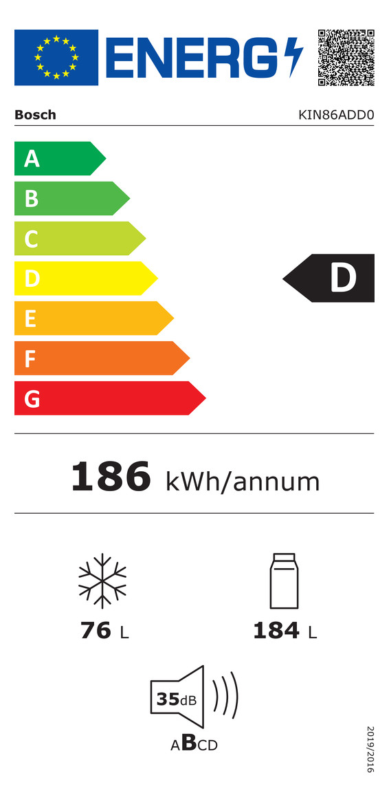 Kühl-/Gefrierkombi EB D ws 184/76l 186kwh 1772x558x548mm NoFrost 0°-Zone