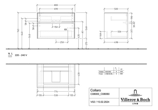 V&B Waschtischunterschrank Collaro 80x54,8x50cm, Waschtisch mittig, LED-Beleuchtung 5,7 W, glossy white