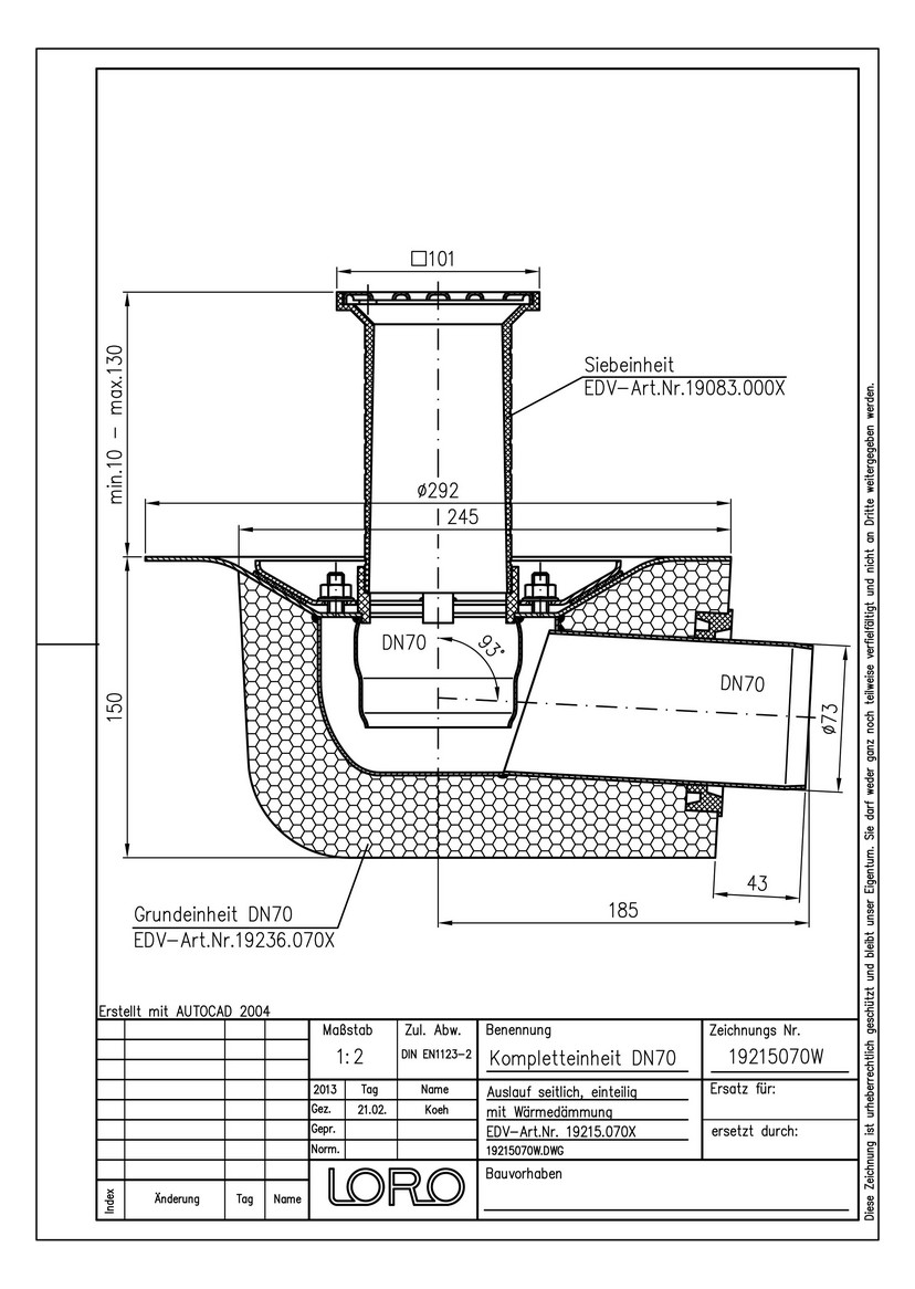 LORO Versal Komplett-Balkonablauf Serie K DN 70, Auslauf seitlich 3°, Klemmflansch, mit Wärmedämmung, einteilig, Edelstahl