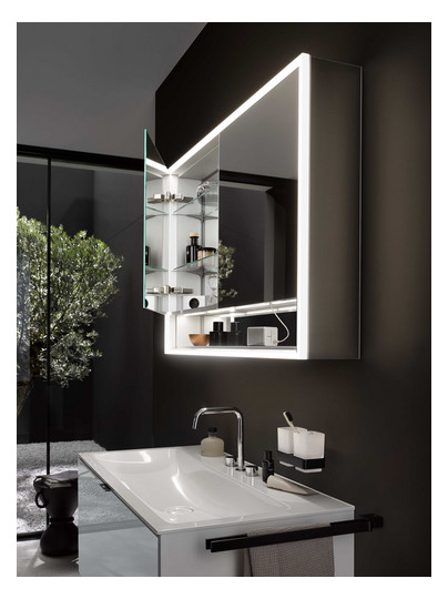 EMCO Aufputz-Lichtspiegelschrank Loft 1000x733mm mit Unterfach, LED, 2-türig breite Tür links, aluminium/spiegel
