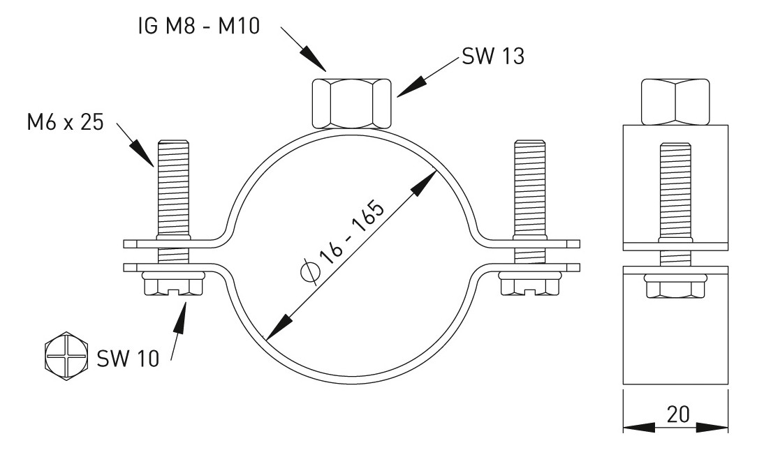 ASW Schraubrohrschelle Spannbereich 16-19 mm M 8, ohne Einlage