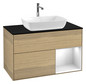 V&B Waschtisch-Unterschrank Wandbeleuchtung Finion 100cm, Abdeckplatte black matt, Regal Glossy white lacquer, Oak Veneer