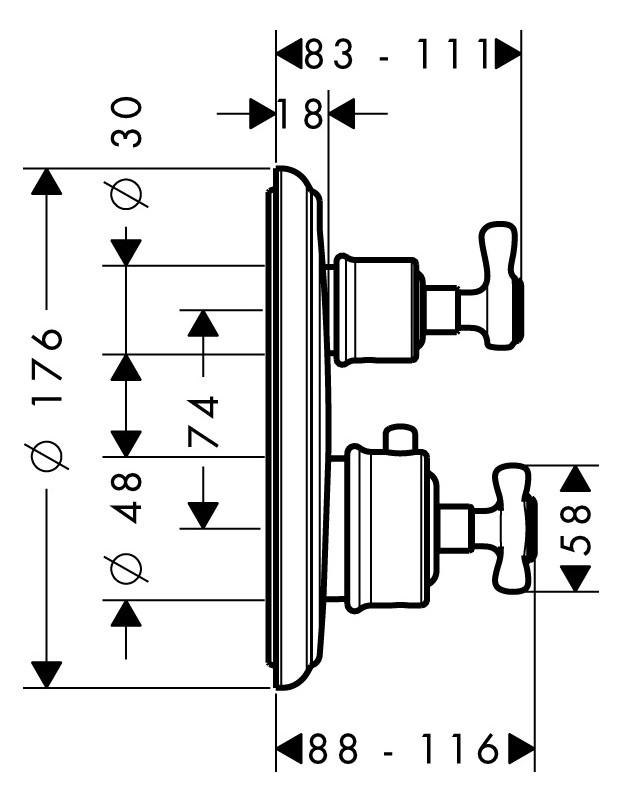 hansgrohe Fertigmontageset Axor Montreux UP-Thermostat, mit Ab- und Umstellventil, Kreuzgriff, chrom