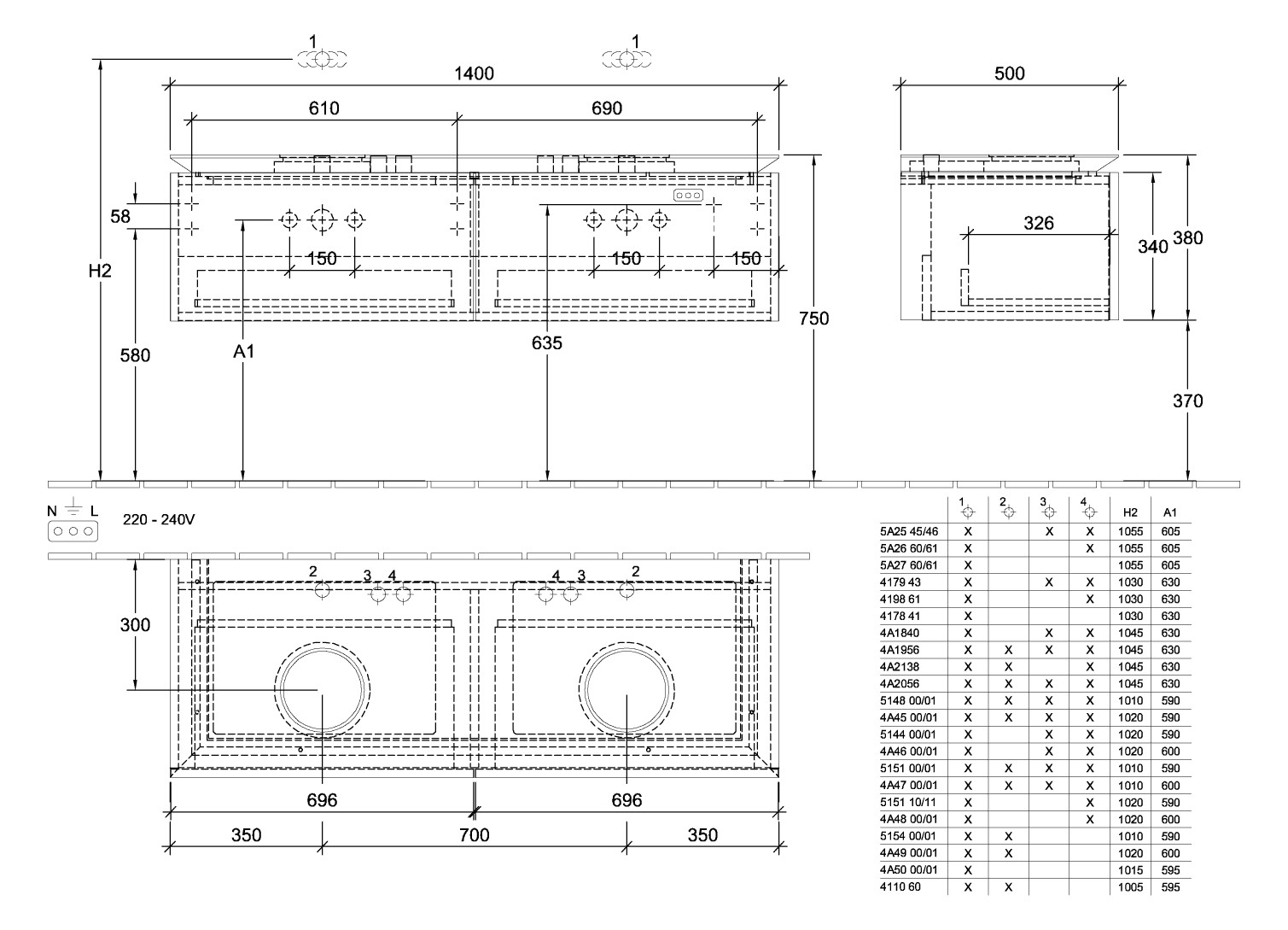 V&B Waschtischunterschrank Legato 140x38x50cm, für 2 Waschtische, mit LED-Beleuchtung, Black Matt Lacquer