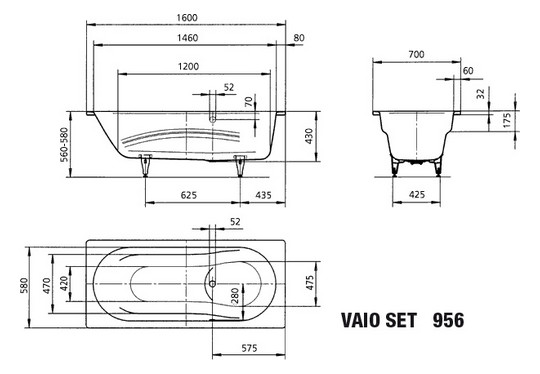 Kaldewei Badewanne VAIO SET 956 160x70cm, Überlaufloch gegenüberliegend, bahamabeige
