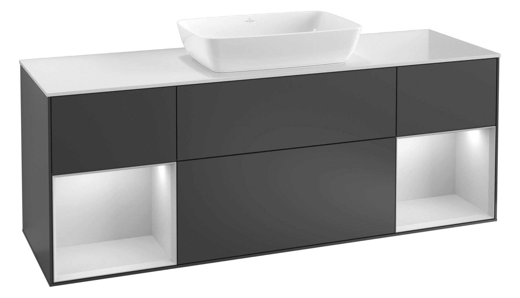 V&B Waschtisch-Unterschrank Wandbeleuchtung Finion 160cm, Abdeckplatte black matt, Regal Walnut Veneer, Peony Matt