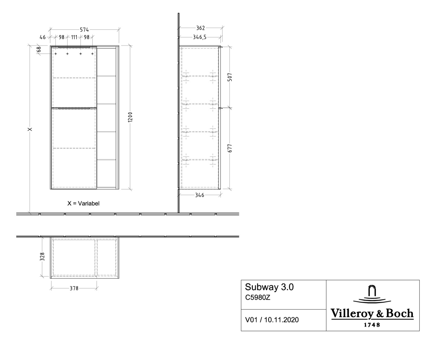 V&B Mittelschrank Subway 3.0 57,4x120x36,2cm, Schanier links/Griff Aluminium glänzend, volcano black