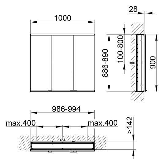 KEUCO Spiegelschrank Royal Modular 2.0 1000 x 900 x 160 mm, 1 Steckdose, 1 Doppel-USB-Ladestelle, Wandeinbau, 3 Türen